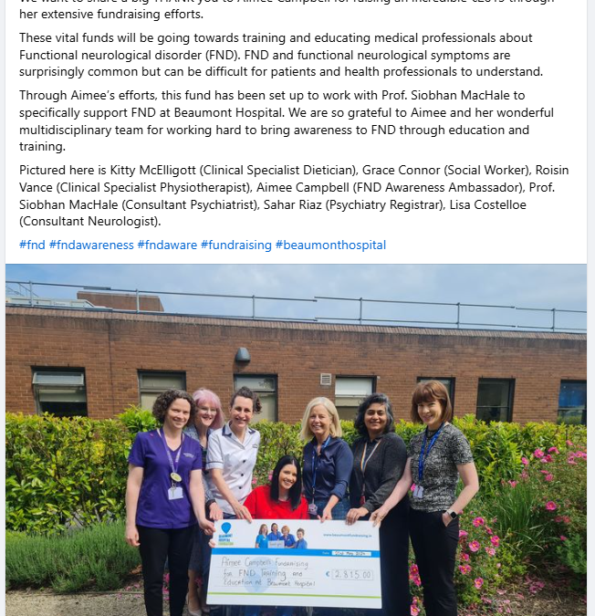 Presentation of Aimée Campbell fundraising cheque to Beaumont Hospital Foundation – 21st May 2024
